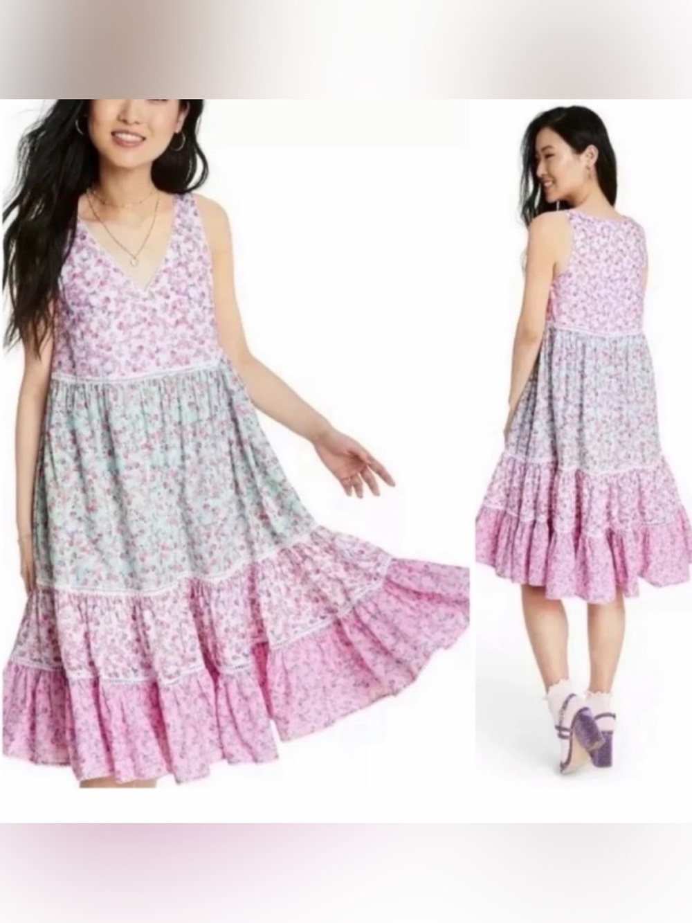 LoveShackFancy x Target Camille Floral Tiered Dress Women's Large Pink & Blue